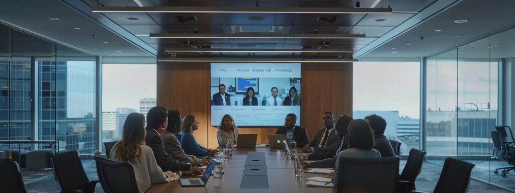 a sophisticated conference room in a dallas office, featuring a large oval table surrounded by diverse professionals engaged in a discussion about event bookings, with a digital presentation on the wall highlighting attractive group discounts and added perks.