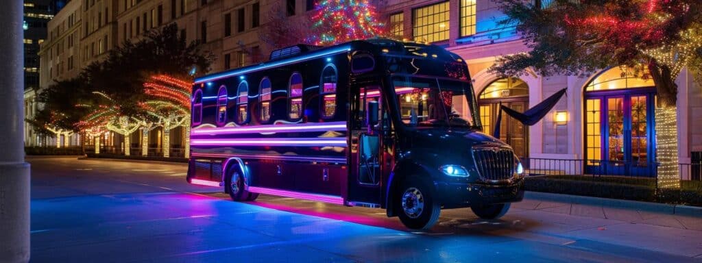 a luxurious, illuminated party bus parked in an urban dallas setting, with stylish interiors visible through the windows, invitingly showcasing plush seating and vibrant decorations that reflect the excitement of a celebration.