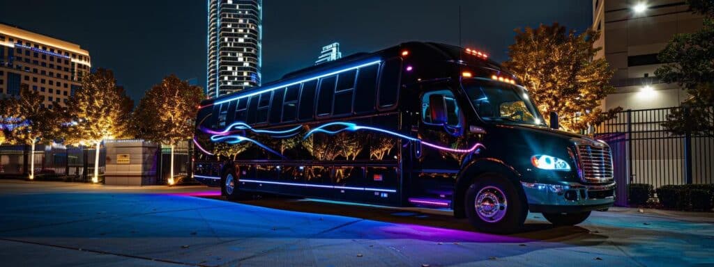a sleek, illuminated party bus parked in a trendy dallas urban setting, with vibrant city lights reflecting off its polished exterior, symbolizing the excitement of booking a memorable celebration.
