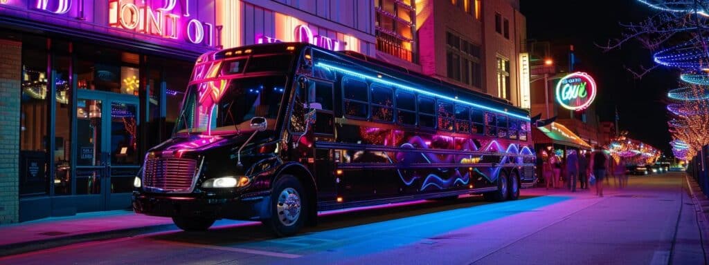 a vibrant urban scene showcases a sleek party bus parked outside a lively dallas event venue, illuminated by colorful lights and bustling with excitement, symbolizing the thrill of affordable group celebrations.