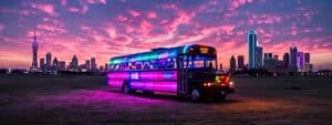 an elegant, vibrant party bus fully lit with colorful led lights, parked against a backdrop of a lively dallas skyline at dusk, ready to host an unforgettable celebration.
